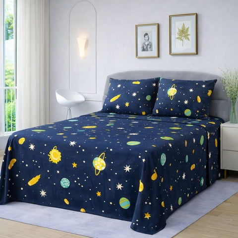 Navy Blue Space Theme Printed Bed Sheet - The Linen House