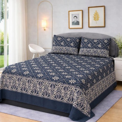Navy Blue Traditional Floral Printed Bedsheet Set (3pcs) - The Linen House
