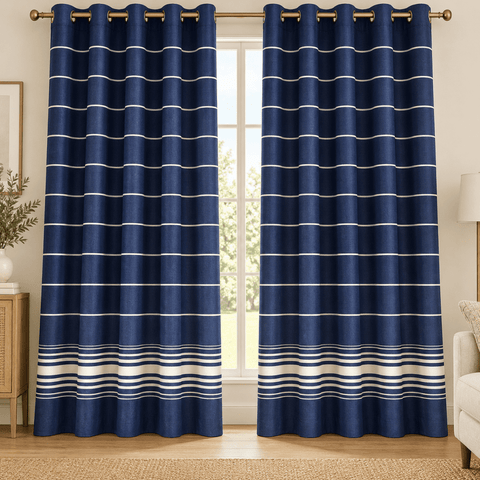 Navy Blue White Stripe Border Duck Fabric Printed Curtain – Pack of 2 - The Linen House