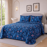 Navy Botanical Bloom Printed Bedspread - The Linen House