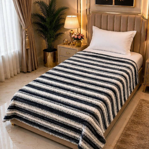 Navy Cream Stripe Single Fleece Blanket - The Linen House