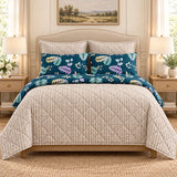 Navy Leaf Beige Stripe 6 Pcs Bedspread Set - The Linen House