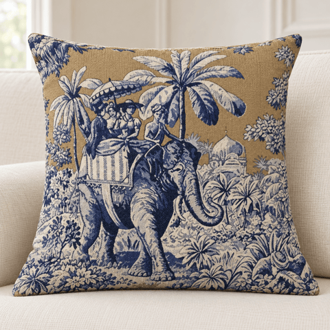 Navy & Mustard Elephant Printed Cushion Cover - The Linen House