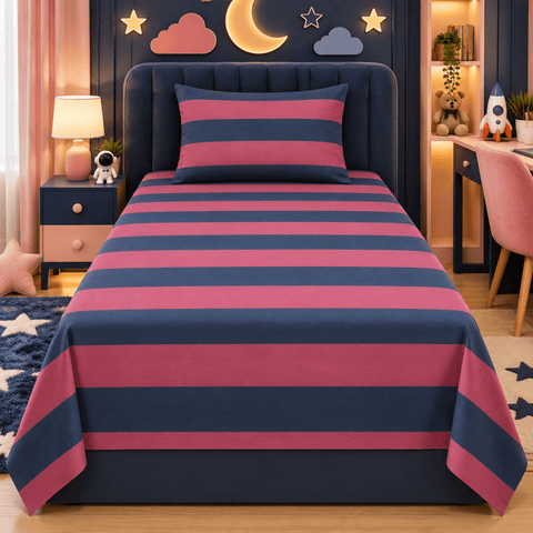 Navy & Pink Striped Kids Bedsheet - The Linen House