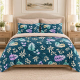 Navy Tropical Leaf 6 Pcs Bedspread Set - The Linen House