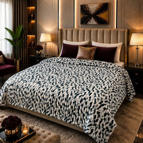 Navy White Spotted Ribbed Faux Fleece Blanket - The Linen House