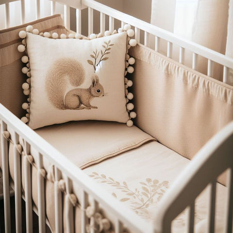 Neutral Woodland Baby Crib Bedding Set with Squirrel Pillow - The Linen House