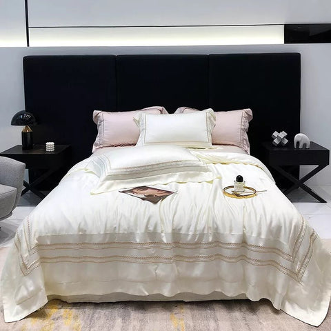 Off white Cotton Satin Embroidery Duvet Set - The Linen House