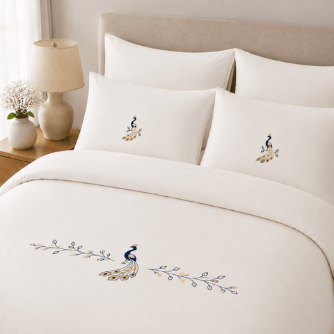 Off White Peacock Embroidered Duvet Cover Set - The Linen House