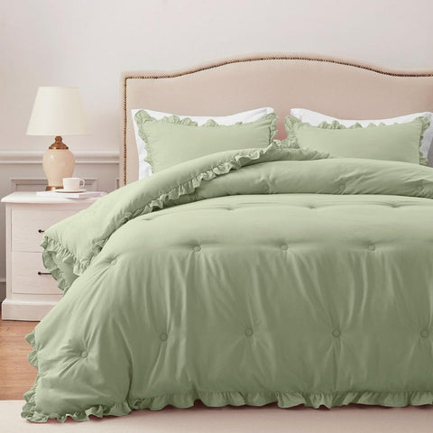 Olive Bloom Ruffle Comforter Set - The Linen House