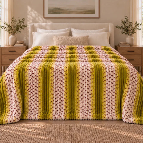 Olive Pink Stripe Ribbed Blanket - The Linen House
