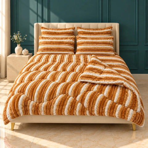 Orange & White Speckled Stripe Bubble Fleece Comforter Set – 6 Pcs King Size - The Linen House