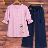 Pastel Pink Top with Navy Wide Baggy Two Piece Suite - The Linen House
