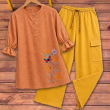 Peach Floral Butterfly Embroidered Baggy Two Piece Suite - The Linen House
