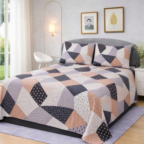 Peach & Grey Geometric Printed Bedsheet Set (3pcs) - The Linen House