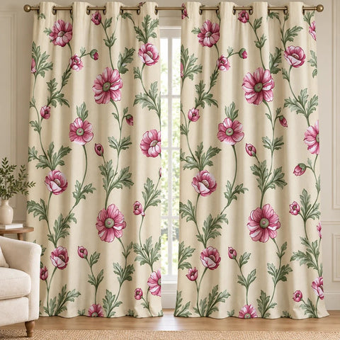 Pink & Cream Floral Duck Fabric Printed Curtains – Pack of 2 - The Linen House
