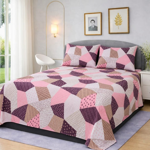 Pink & Purple Abstract Geometric Printed Bedsheet Set (3pcs) - The Linen House