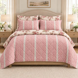 Pink Stripe Floral Reversible 6 Pcs Bedspread Set - The Linen House