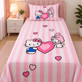 Pink Striped Kitty & Bunny Heart Kids Bedsheet - The Linen House