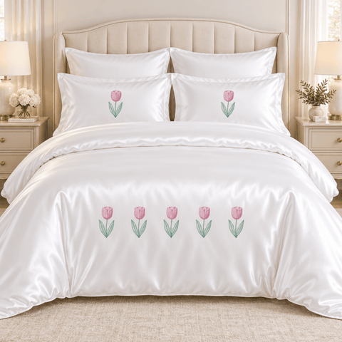 Pink Tulip White Embroidered Bedding Set - The Linen House