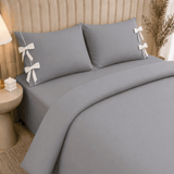 Plain Bow Duvet Cover Set with 2 Pillow Covers - The Linen House