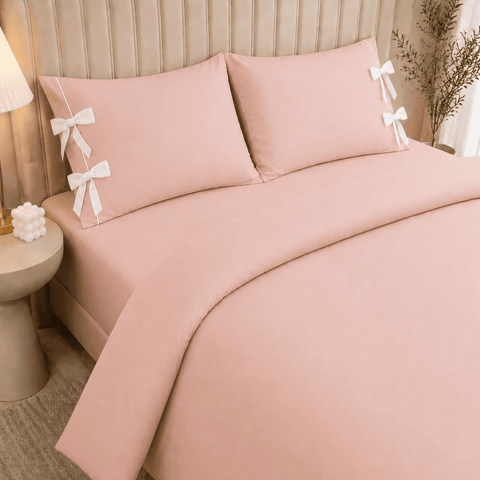Plain Bow Duvet Cover Set with 2 Pillow Covers - The Linen House