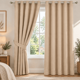 Plain Dyed Eyelet Curtain with Lining (Beige) – Pack of 2 - The Linen House