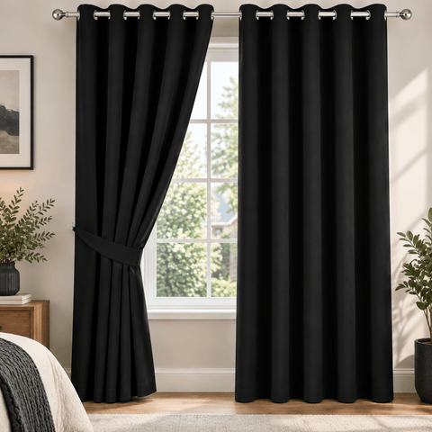 Plain Dyed Eyelet Curtain with Lining (Black) – Pack of 2 - The Linen House