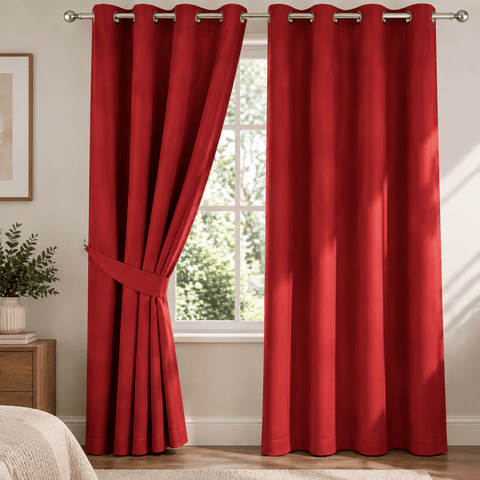 Plain Dyed Eyelet Curtain with Lining (Red) – Pack of 2 - The Linen House