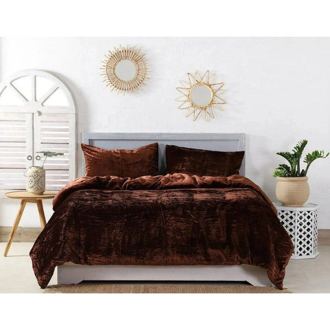 Plain Velvet Duvet Set Brown - The Linen House
