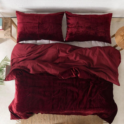 Plain Velvet Duvet Set Maroon - The Linen House