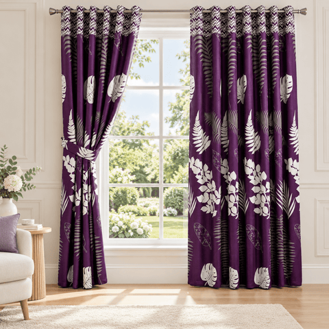 Plum Purple Fern Leaf Printed Curtain - The Linen House