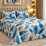 Premium Blue Feather Printed Bed Sheet - The Linen House