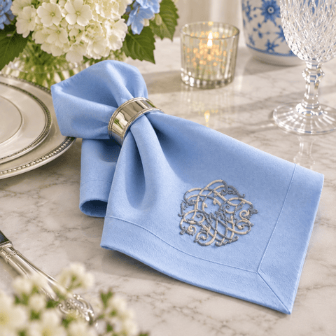 Premium Embroidered Blue Linen Style Napkin - The Linen House