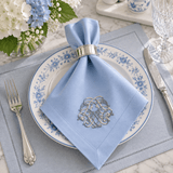 Premium Embroidered Blue Linen Style Napkin - The Linen House