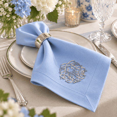 Premium Embroidered Blue Linen Style Napkin - The Linen House