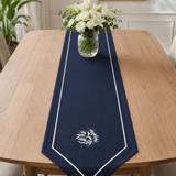 Premium Embroidered Dining Table Linen – Navy & White - The Linen House