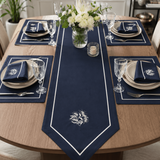 Premium Embroidered Dining Table Linen – Navy & White - The Linen House