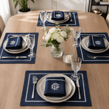 Premium Embroidered Dining Table Linen – Navy & White - The Linen House