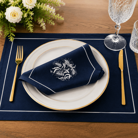 Premium Embroidered Dining Table Linen – Navy & White - The Linen House
