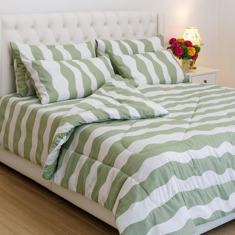 Premium Green Stripe Comforter Set – Cozy Quilt + Pillowcases - The Linen House