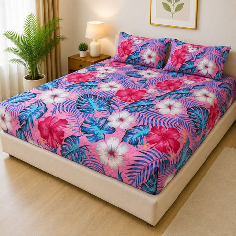Premium Pink Flower & Leaf Waterproof Fitted Mattress Cover - The Linen House