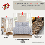 Printed Bedspread, 2 Single Printed Bedsheets & 2 Printed Curtains – Complete Set - The Linen House