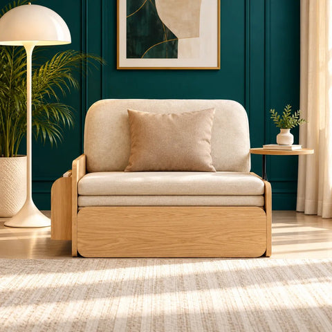 Pull Out Sofa Bed with Rotating Armrest Tray and Storage - The Linen House