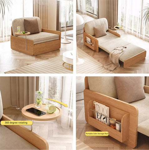 Pull Out Sofa Bed with Rotating Armrest Tray and Storage - The Linen House