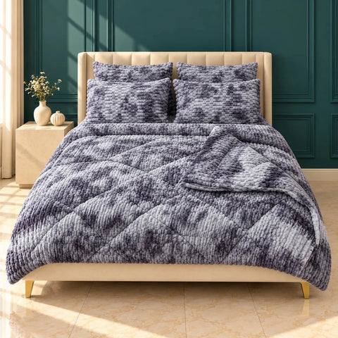 Purple & Grey Tie-Dye Bubble Fleece Comforter Set – 6 Pcs King Size - The Linen House