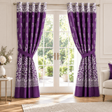 Purple Leaf Motif Printed Curtain with Border - The Linen House