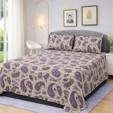 Purple Paisley Printed Bedsheet Set (3pcs) - The Linen House