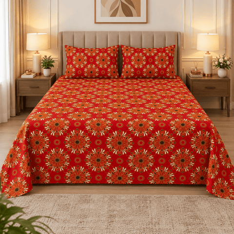 Red Base Multi-Flower Printed Bedsheet - The Linen House