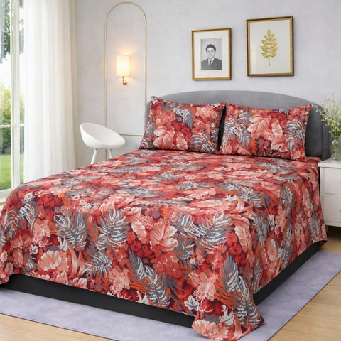 Red & Blue Floral Printed Bedsheet Set (3pcs) - The Linen House